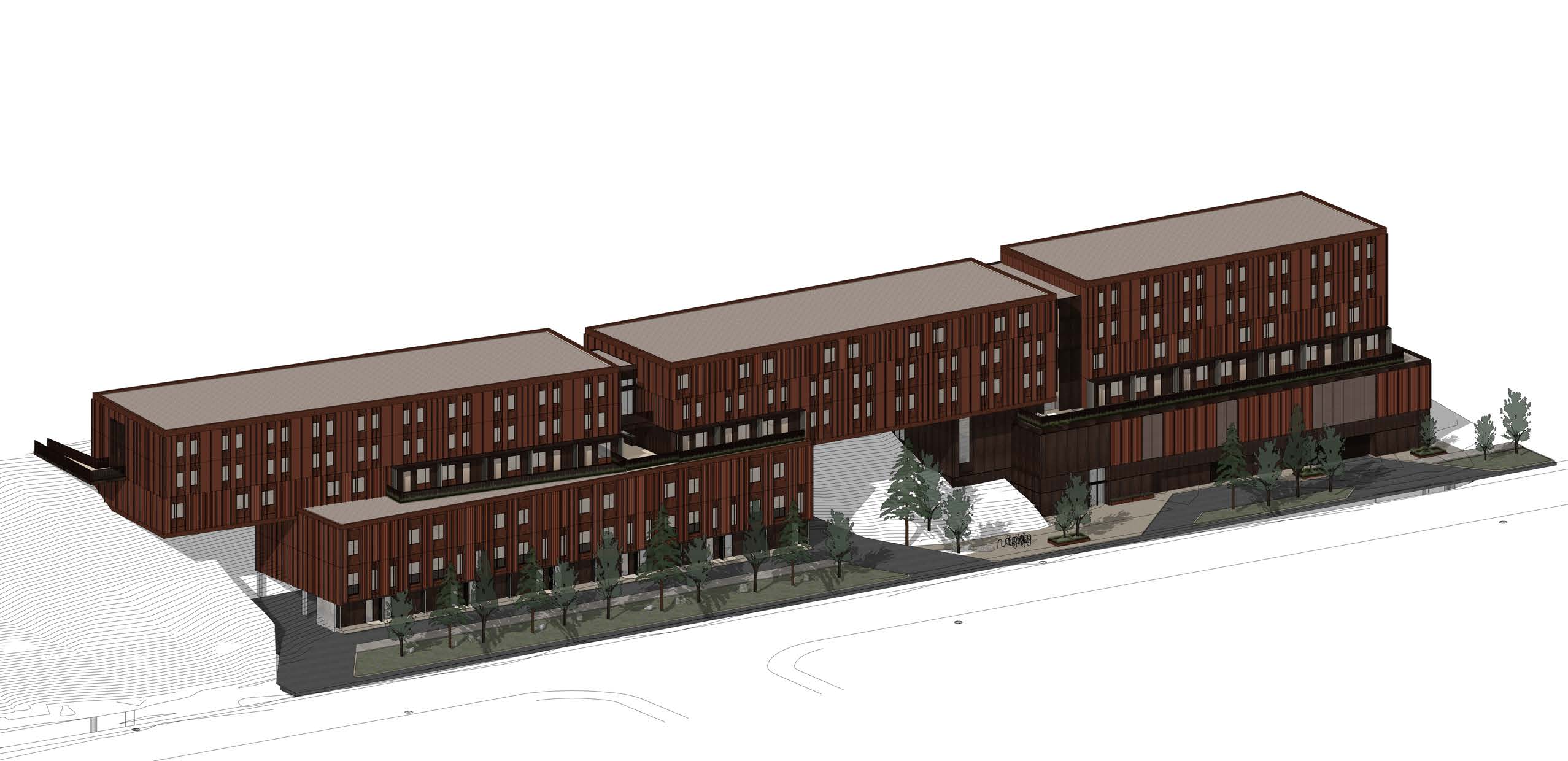 Aerial rendering of the three-volume massing of Yellowknife Phase 1