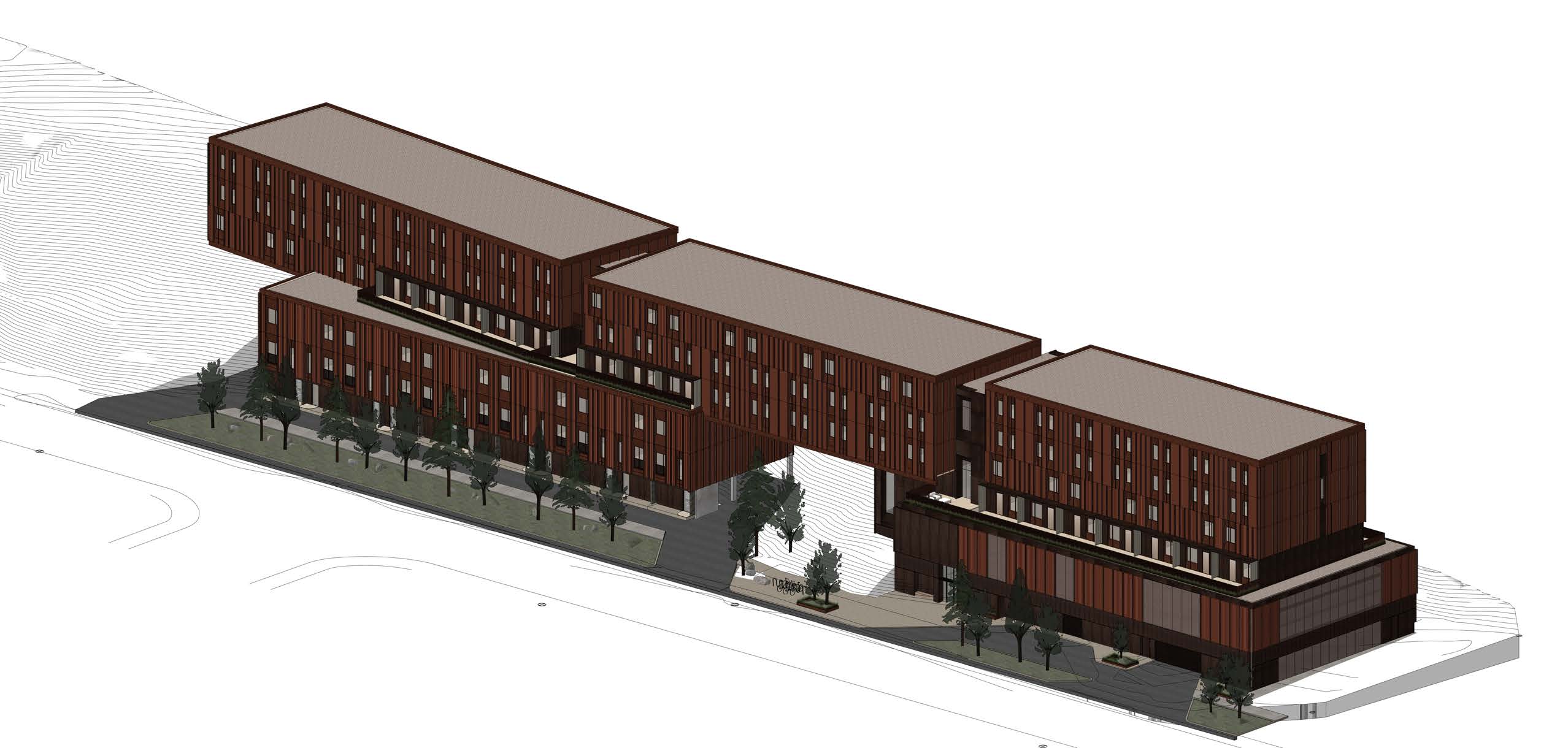 Aerial rendering showing the wood and corten-steel facade of Yellowknife Phase 1