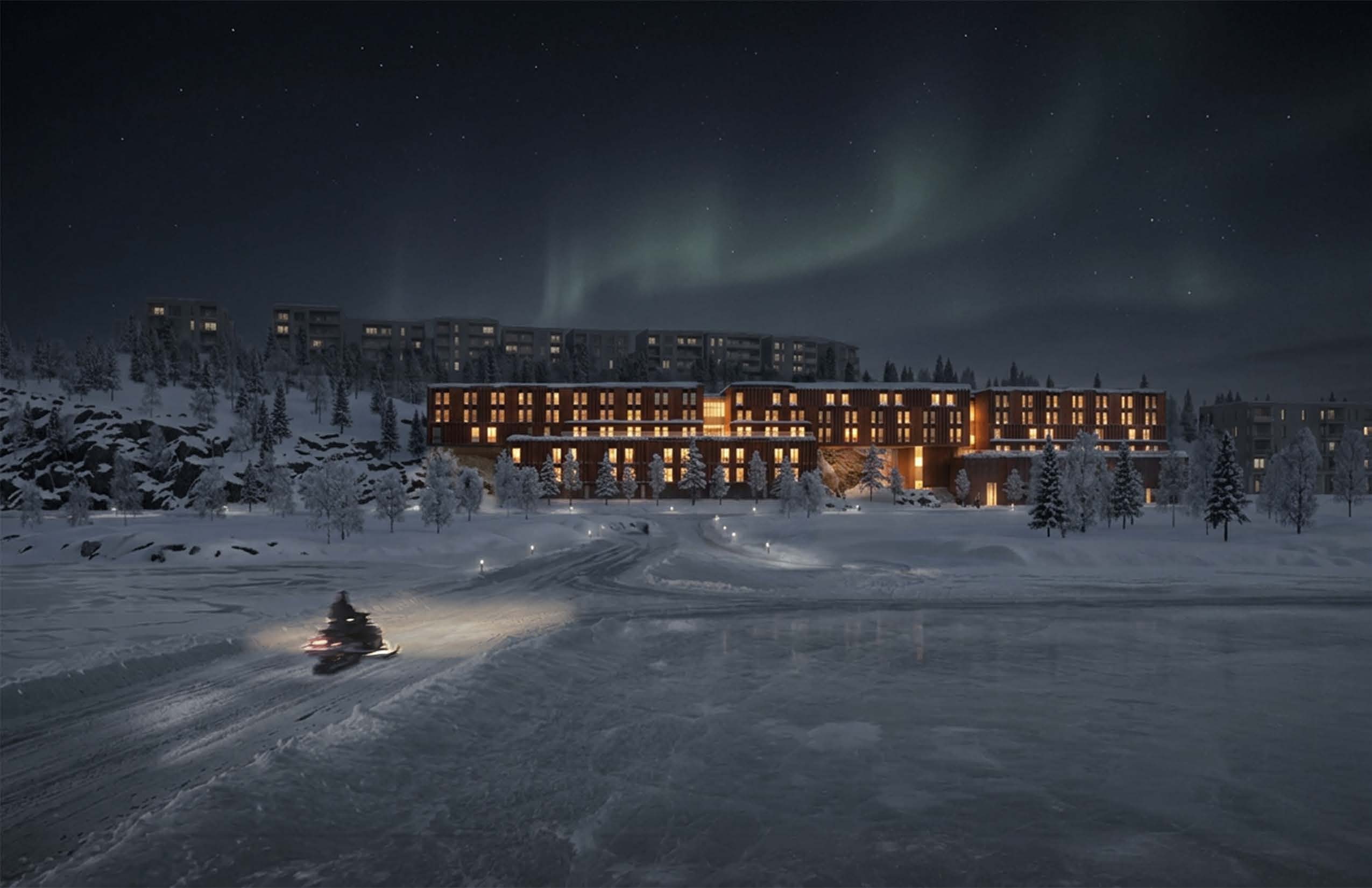 Night rendering of Yellowknife Phase 1 under the northern lights, seen across the frozen lake